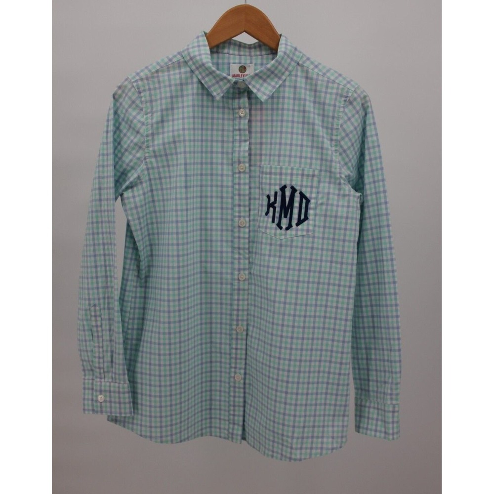 Marley Lilly Womens Blue Green Check Monogrammed KMD Button Down Shirt Top S 747